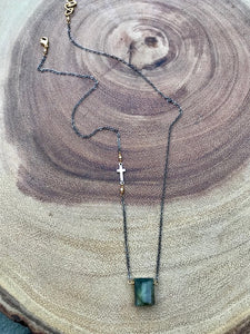 Labradorite and oxidized silver necklace with cross detail